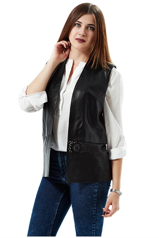 Tawana Vest Black Front Open Leather Jacket For Women