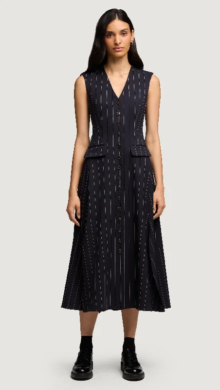 Vest Dress in Stretch Wool | Navy Pinstripe