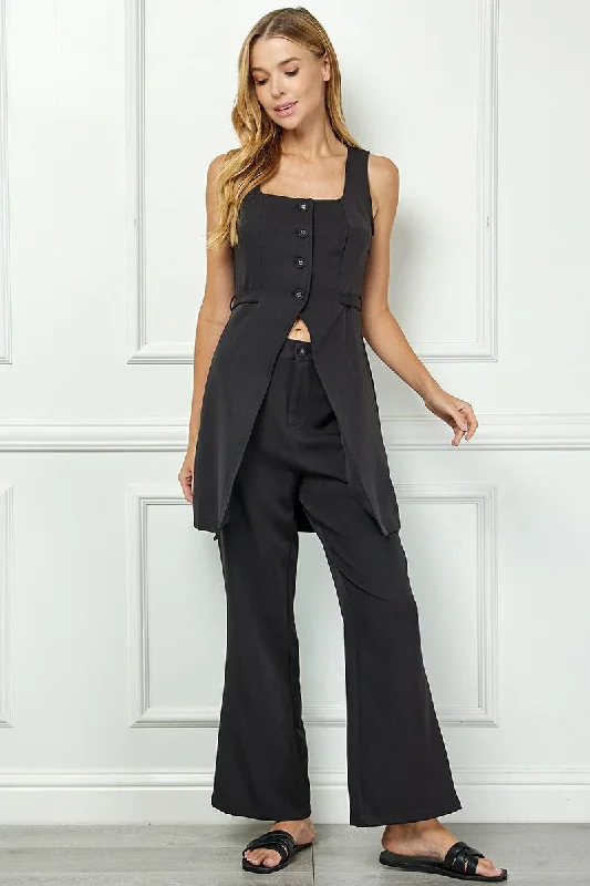 BLACK SLEEVELESS SPLIT FRONT VEST AND MID-RISE PANTS SET AVV51141W