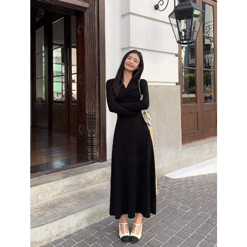 Midi DressRTK (W) No. 1846 BLACK KNIT V-NECK LONG DRESS