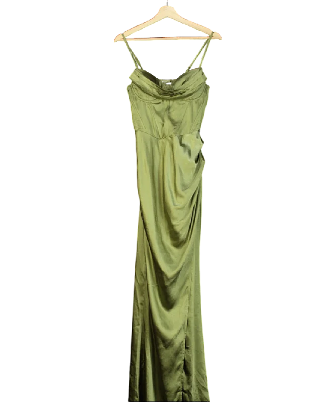 Designer DressClub L Green Starlight Cowl Neck Satin Wrap Maxi Dress UK 10