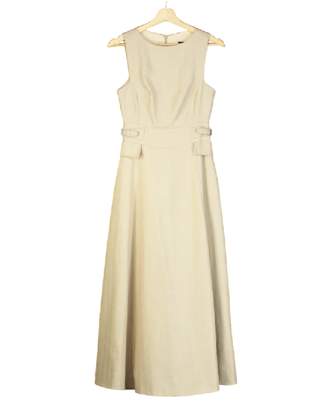 Athletic DressKaren Millen Beige Tab Waist Detail Full Skirt Tailored Midi Dress UK 6