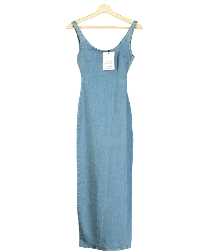 Pull&Bear Stretch Denim Maxi Dress With Split Detail In Medium Blue UK S