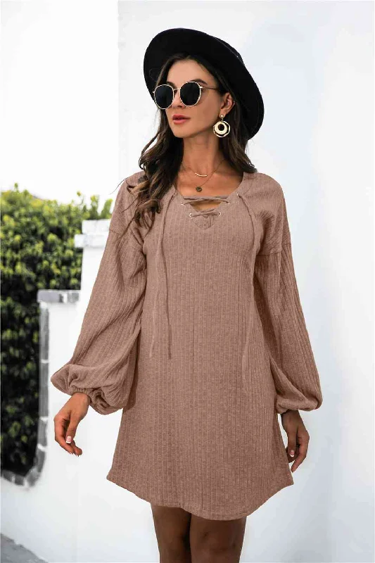 Chiffon DressBalloon Sleeve Crisscross Detail Knit Dress