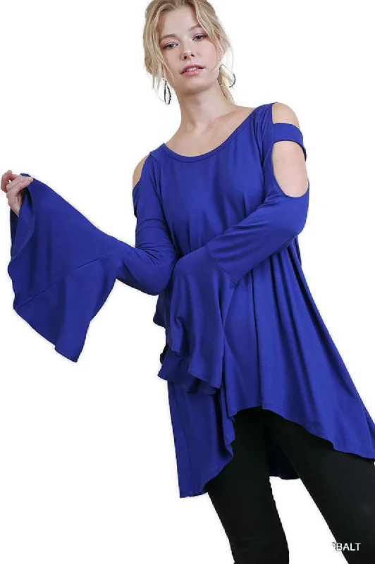 TunicTopKrakenBell Sleeve Shoulder Cutouts Tunic, Cobalt