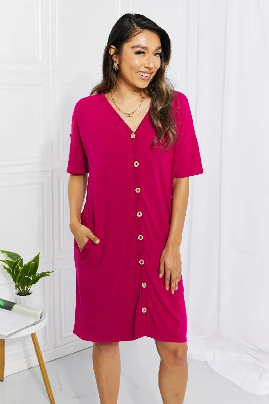 Striped DressBOMBOM Sunday Brunch Button Down Knee-Length Dress in Magenta