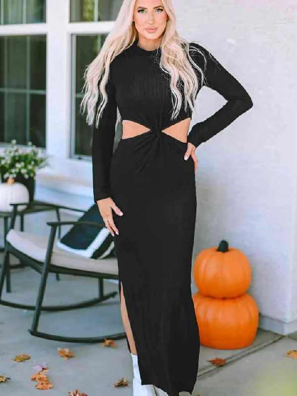 T-shirt DressCutout Round Neck Long Sleeve Slit Maxi Dress