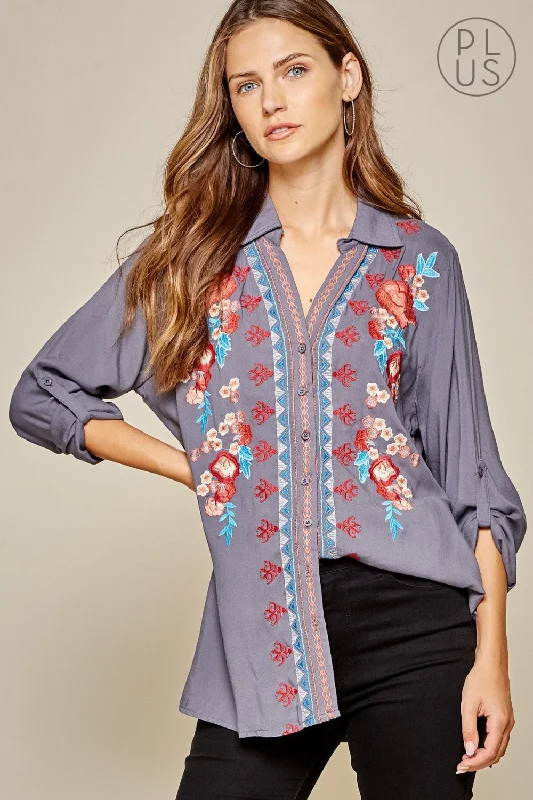 TunicTopPearlFloral Embroidered Tunic, Grey