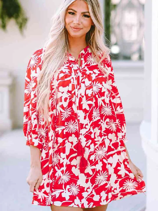 Asymmetrical DressFloral Print Notched Neck Mini Dress