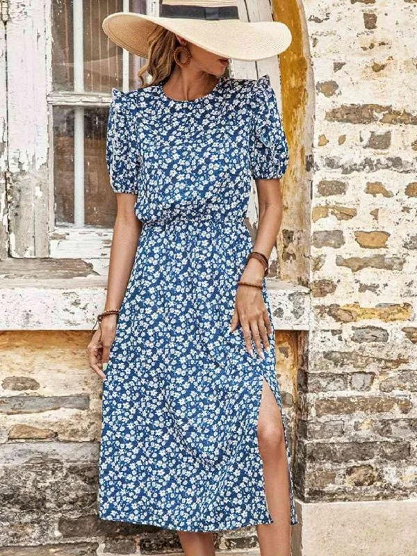 School DressFloral Round Neck Split Midi Dress