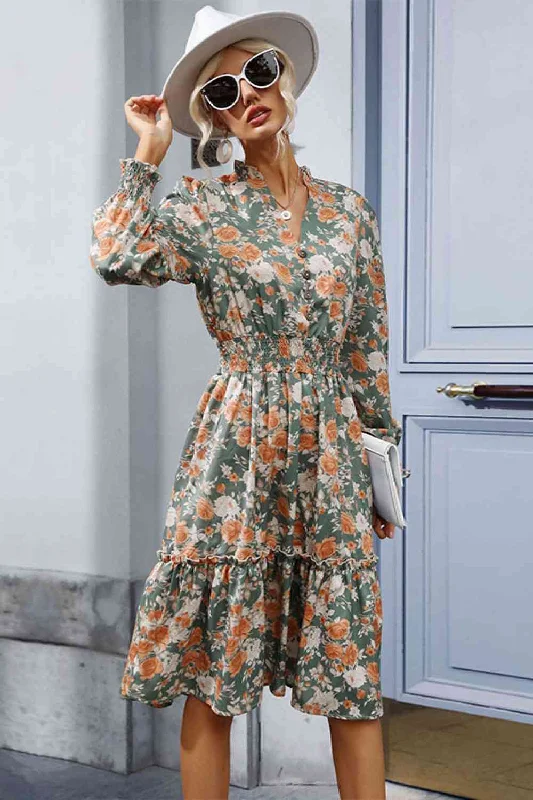 Denim DressFloral Smocked Decorative Button Dress