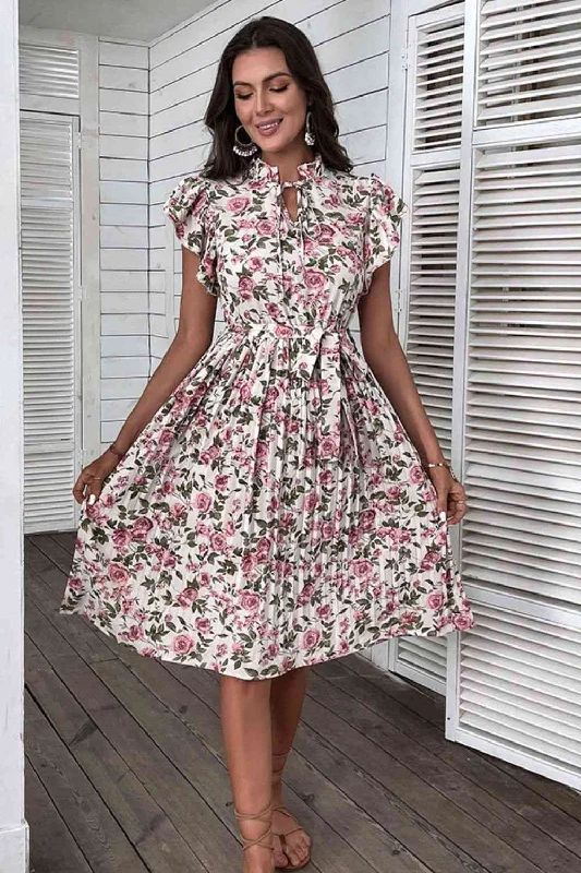 Shift DressFloral Tie-Neck Flutter Sleeve Midi Dress