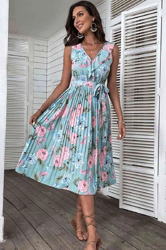 Halter DressFloral Tie-Waist Sleeveless Pleated Midi Dress