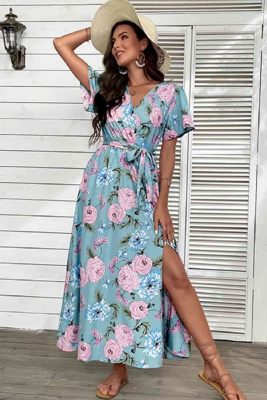 Office DressFloral Tie-Waist Slit Surplice Maxi Dress