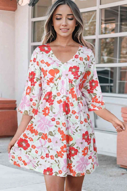 Silk DressFloral V-Neck Three-Quarter Sleeve Mini Dress