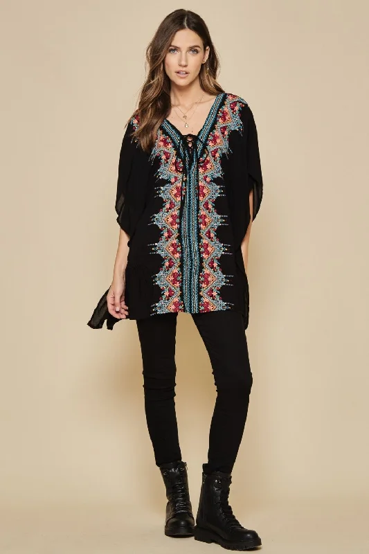 TunicTopSteelFloral Embroidered Lace Up Tunic, Black