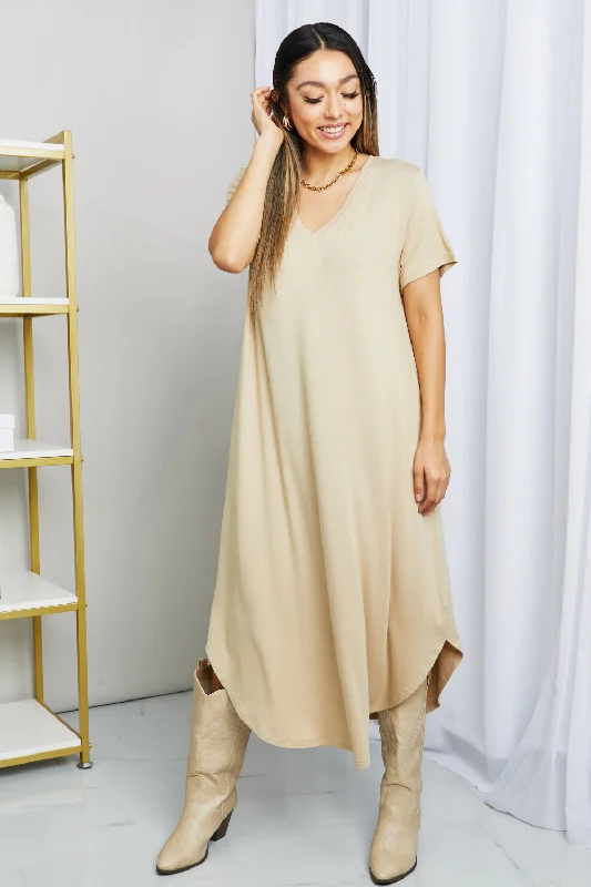 Geometric DressHYFVE V-Neck Short Sleeve Curved Hem Dress in Caffe Latte