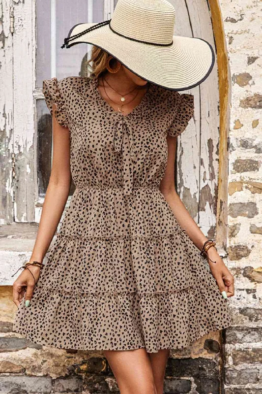 Athletic DressLeopard Print Butterfly Sleeve Tiered Dress