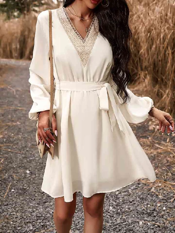 Office DressLong Sleeve Tie Waist V-Neck Mini Dress