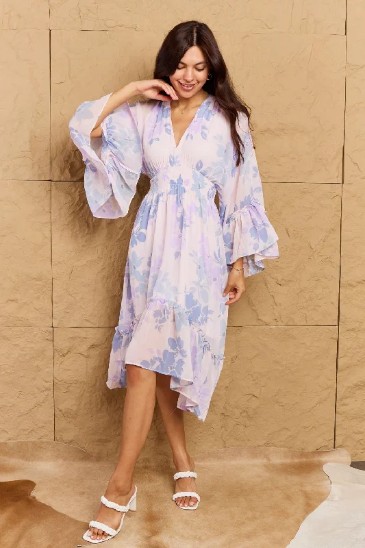 Strapless DressOneTheLand Take Me With You Floral Bell Sleeve Midi Dress in Blue