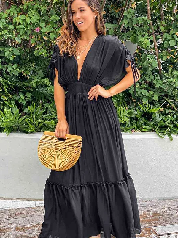 Tennis DressPlunge Neck Tie Sleeve Maxi Dress