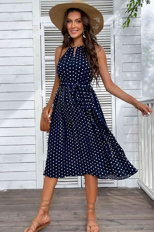 Designer DressPolka Dot Tie-Waist Sleeveless Midi Dress