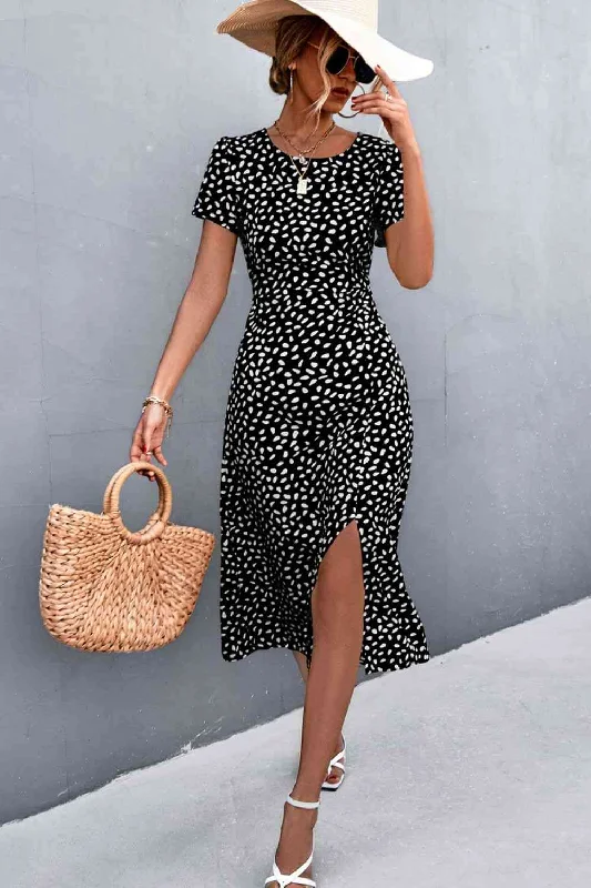 Short-sleeve DressPrinted Slit Cutout Midi Dress (Belt Not Included)