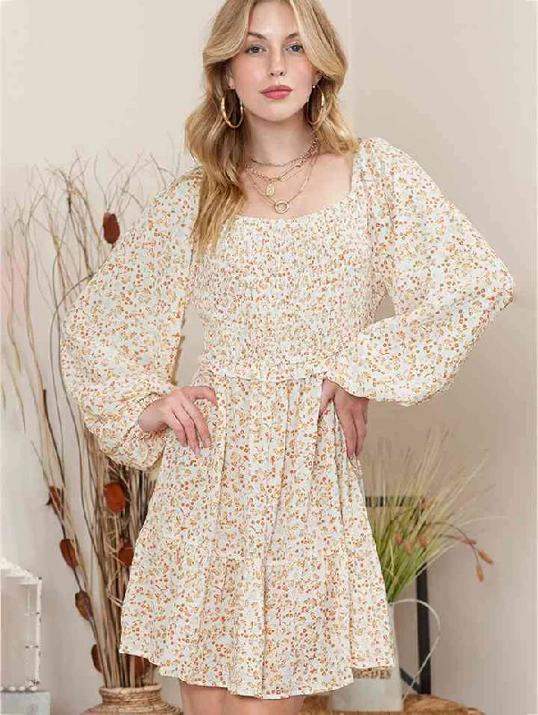 Evening DressPrinted Square Neck Long Sleeve Smocked Dress