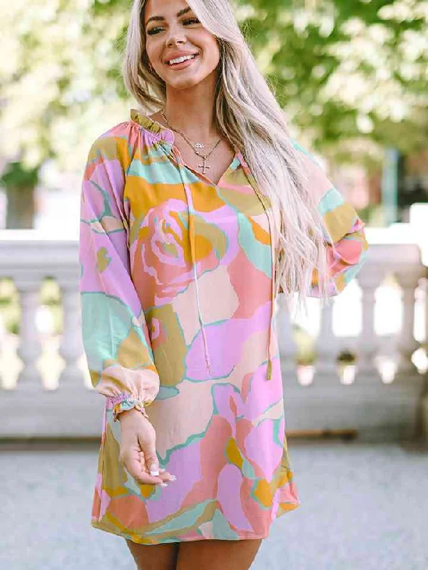 Cocktail DressPrinted Tie Neck Long Sleeve Dress