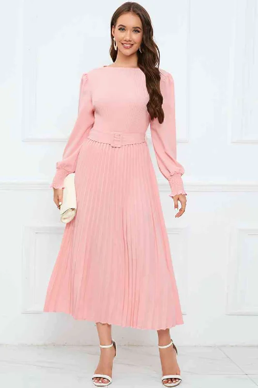 Peplum DressRound Neck Flounce Sleeve Pleated Dress