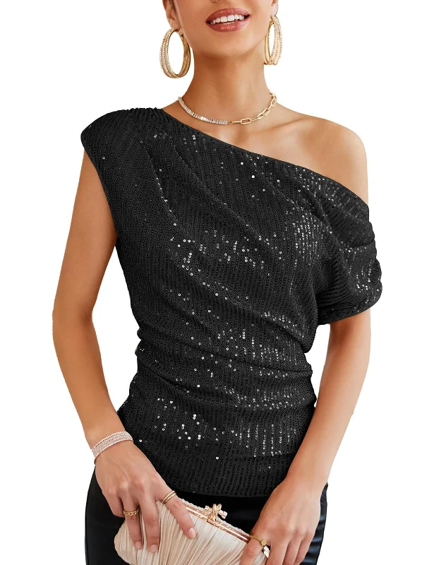 Modern DressRuched Cold Shoulder Sequin Party Tops for Women 2024 Dressy Asymmetrical Sleeve Sparkle Tops Girls Fancy Glitter Shimmer Going Out Tops Black XL