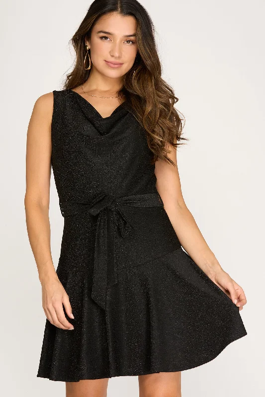 Hiking DressShe And Sky Sleeveless Black Cowl Neck Lurex Flare Dress With Sash