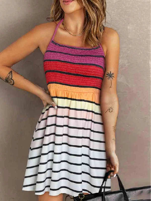 Fleece-lined DressSmocked Sleeveless Striped Mini Dress