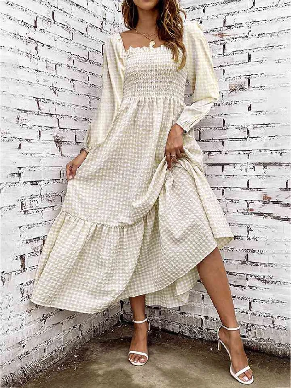 Printed DressSmocked Square Neck Long Sleeve Dress