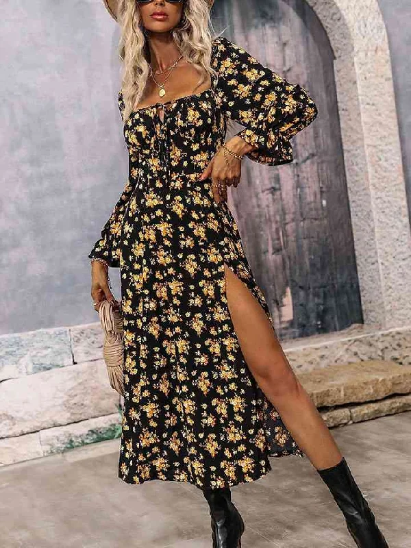 Printed DressSquare Neck Printed Slit Dress