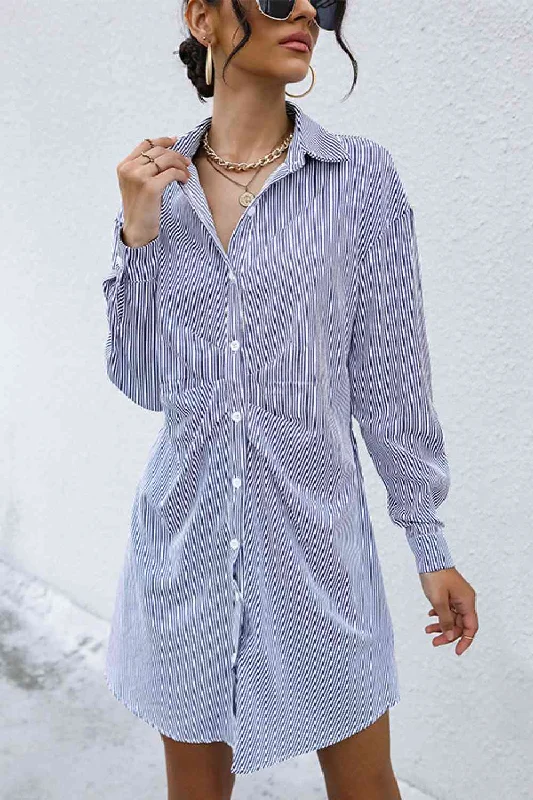 Denim DressStriped Button Front Ruched Shirt Dress