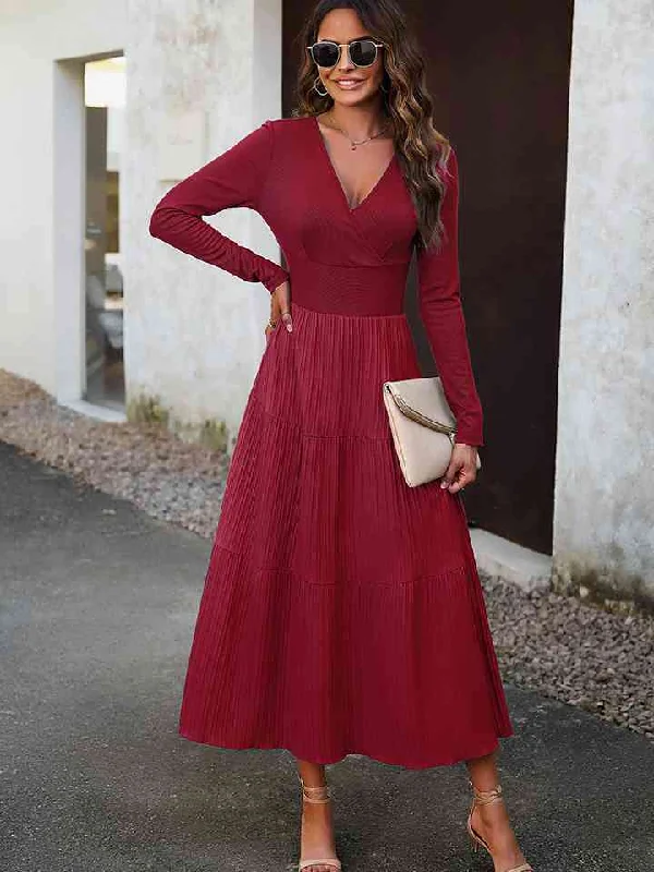 A-line DressSurplice Neck Long Sleeve Smocked Waist Midi Dress