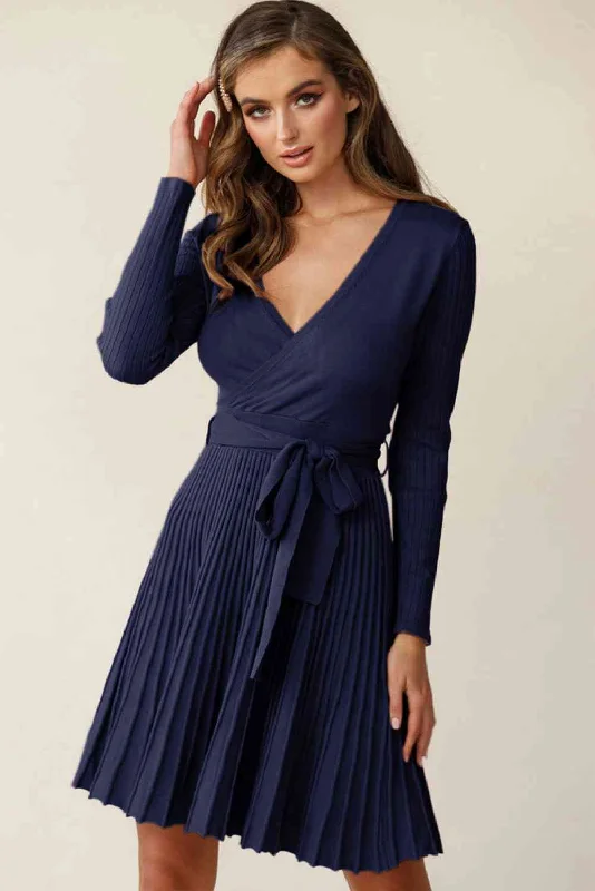 Satin DressSurplice Neck Tie Waist Pleated Dress