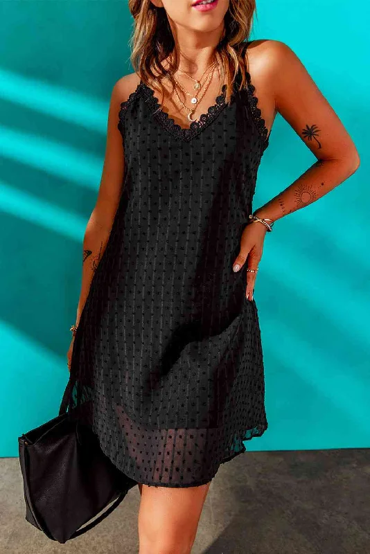 Sheer DressSwiss Dot Lace Trim V-Neck Dress