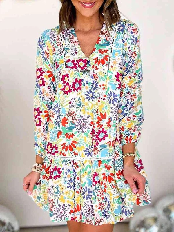 Prom DressV-Neck Floral Print Long Sleeve Mini Dress