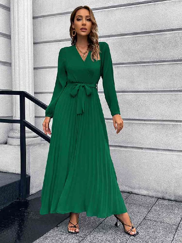 T-shirt DressV-Neck Tie Waist Pleated Maxi Dress