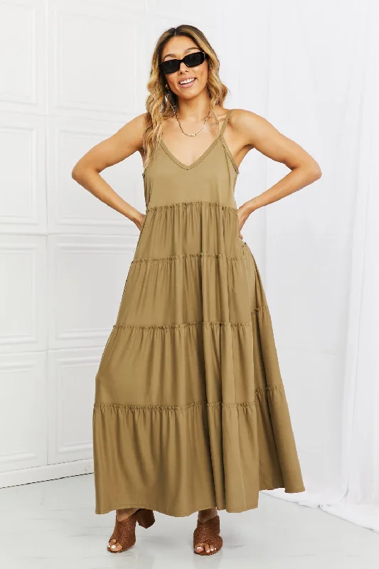 Sari DressZenana Full Size Spaghetti Strap Tiered Dress with Pockets in Khaki