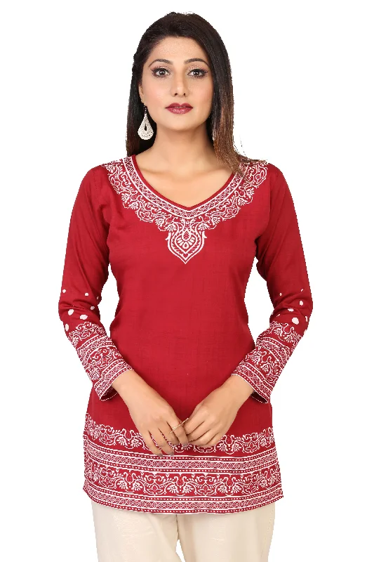 TunicTopRidgeBuy Indian Kurtis Online- Stylish Maroon Printed Kurti Top with White Pattern