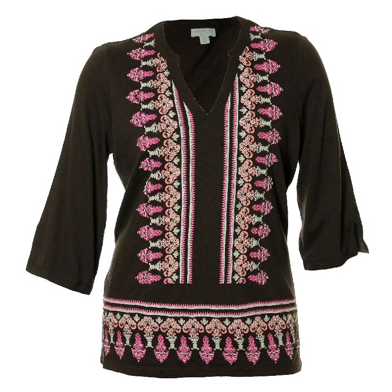 TunicTopEchoCharter Club Multi Color Print 3/4 Sleeve Bead Embellished Tunic Shirt