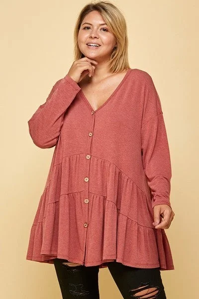 TunicTopHorizonPlus Size Solid Long Sleeves Button Up Swing Tunic Top With Ruched Detail