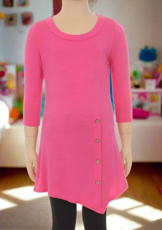 TunicTopGeoGirls High-Low Asymmetric Dress, Long Tunic Top, Sizes 6/8/10/12, Solid Pink