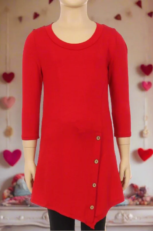 TunicTopPeakGirls High-Low Asymmetric Red Dress, Long Tunic Top, Sizes 6/8/10/12, Solid Red