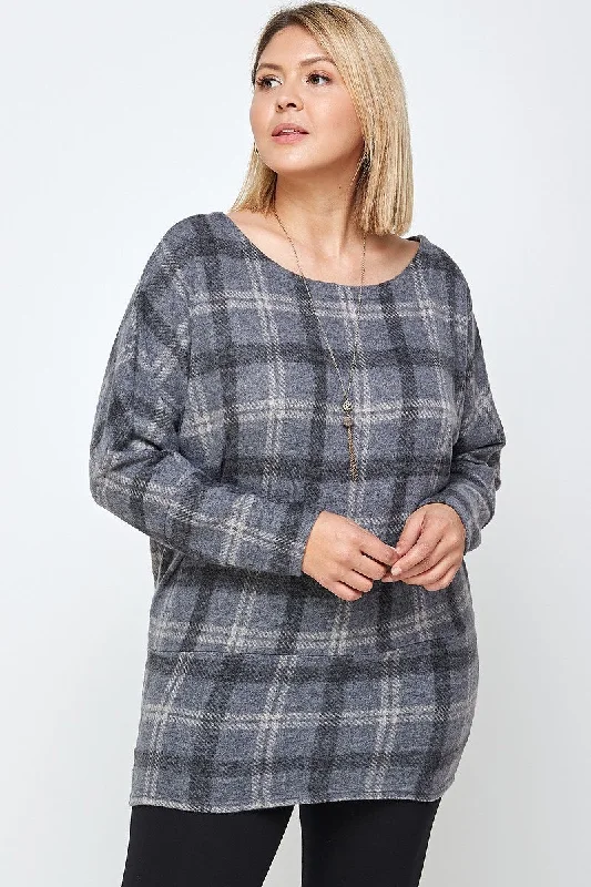 TunicTopCrestBoat Neck, Plaid Print Tunic Top, With Long Dolman Sleeves