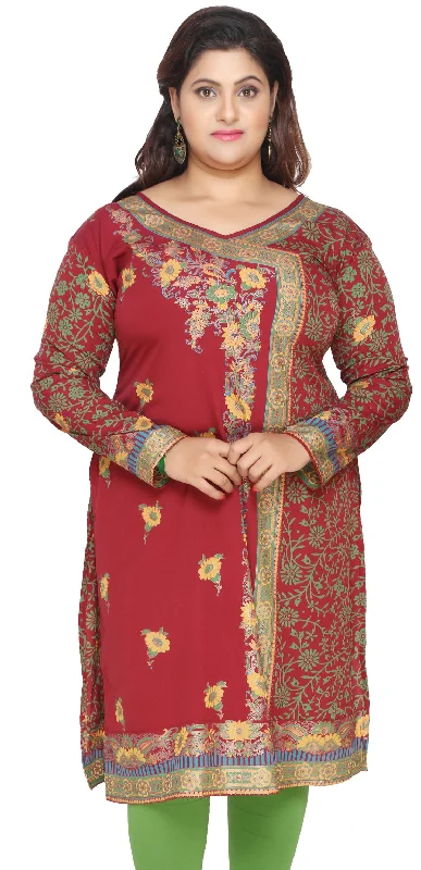 TunicTopProIndia Tunic Long Top Kurti Womens Plus Size Clothes (Red)