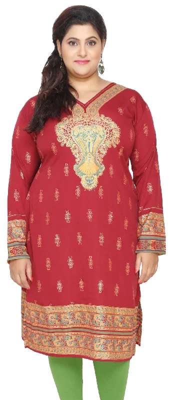 TunicTopGlowIndia Tunic Long Top Kurti Womens Plus Size Indian Clothes (Red)